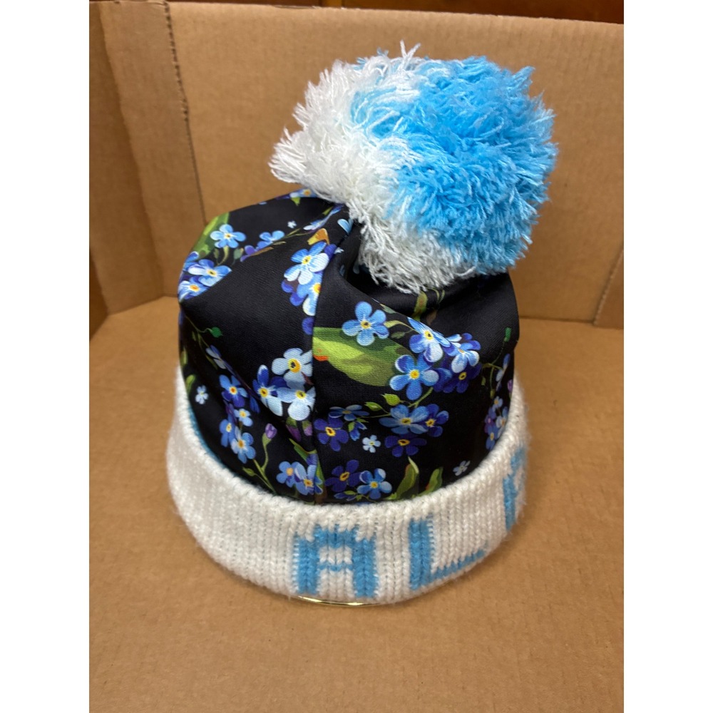 Robin Ruth Alaska Beanie OS White Blue Floral Pom Pom Knit Winter Hat RN 145110